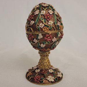 Vintage Floral Egg-Shaped Trinket Jewelry Box on Pedestal